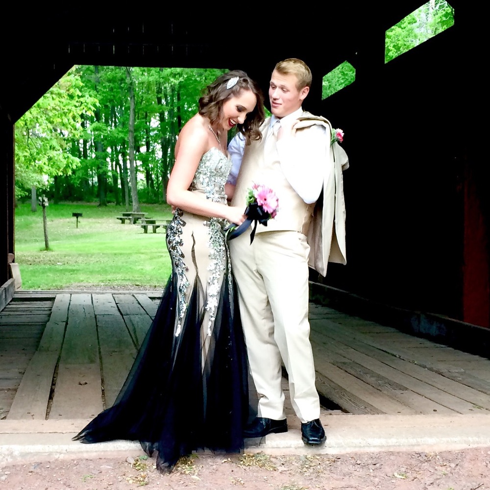 Tan and black Jovani prom dress